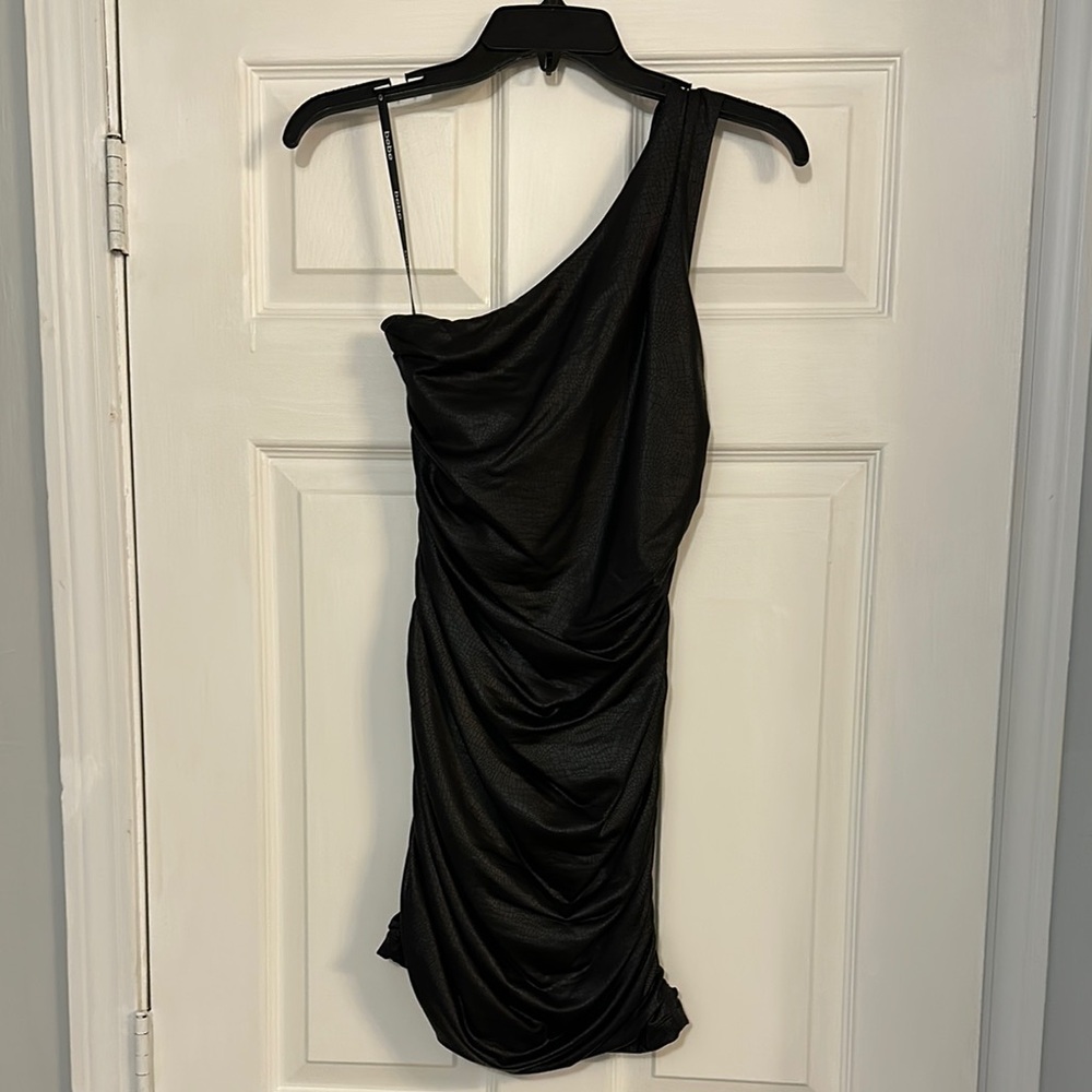 bebe Black One Shoulder Ruched Mini Dress